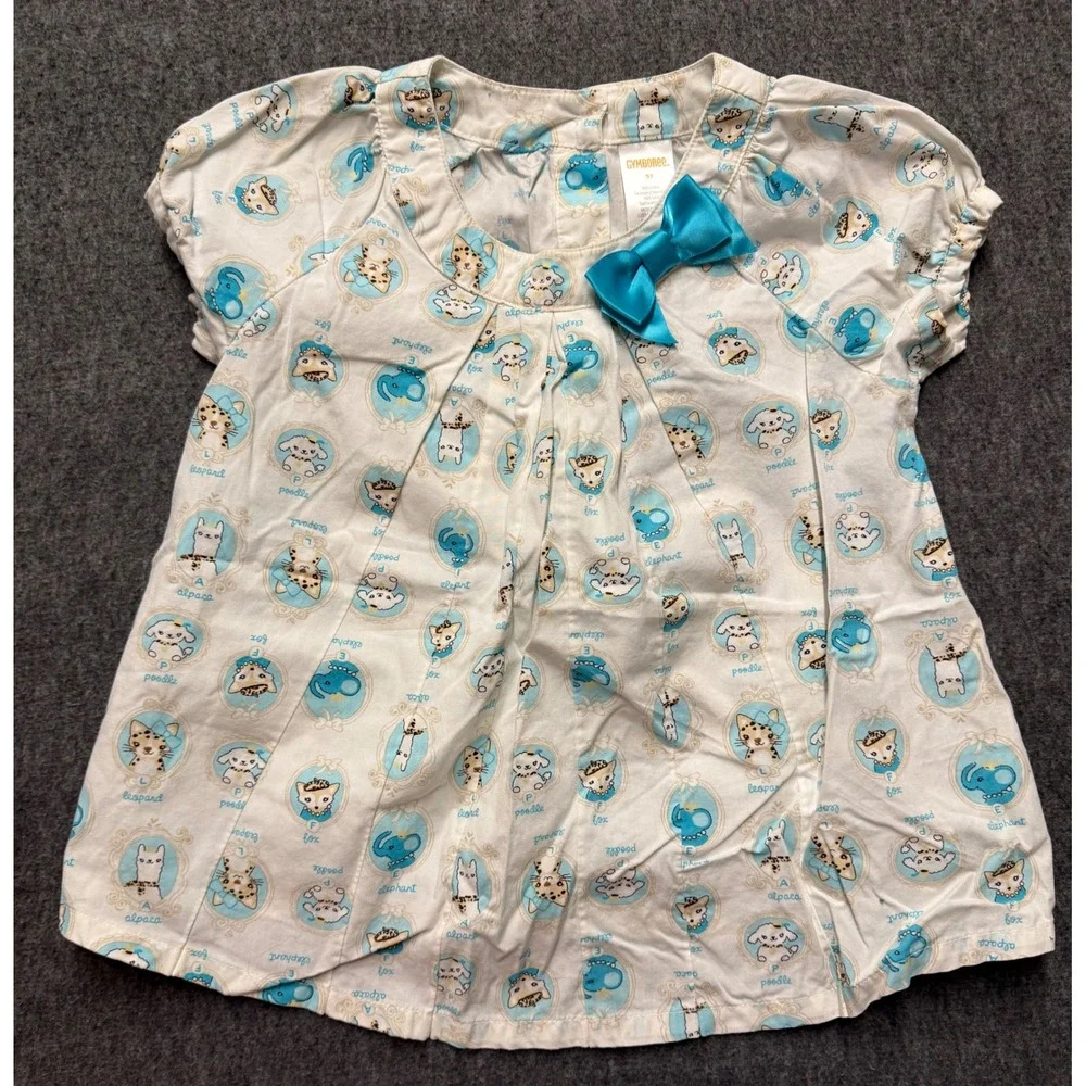 Gymboree 2013 5T Animal Portrait Print Tunic Top White Blue Bow Cotton Pleated